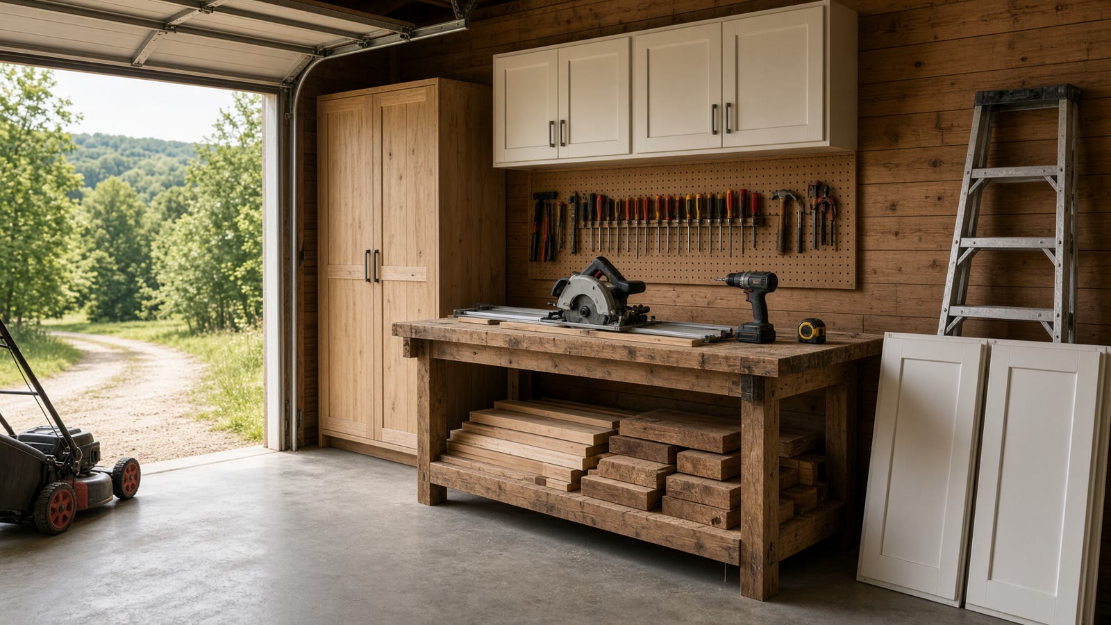 Workshop bench with tools, lumber, and an open garage door