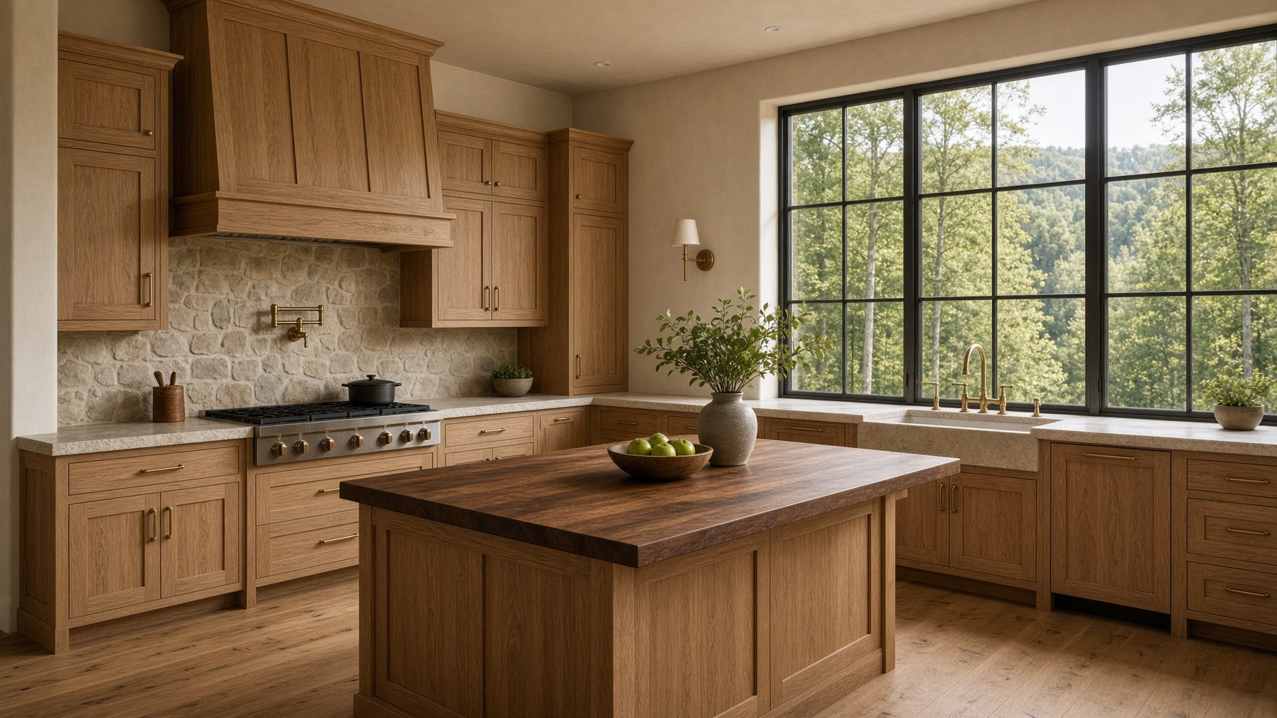 White oak kitchen with a walnut island and a view to the woods