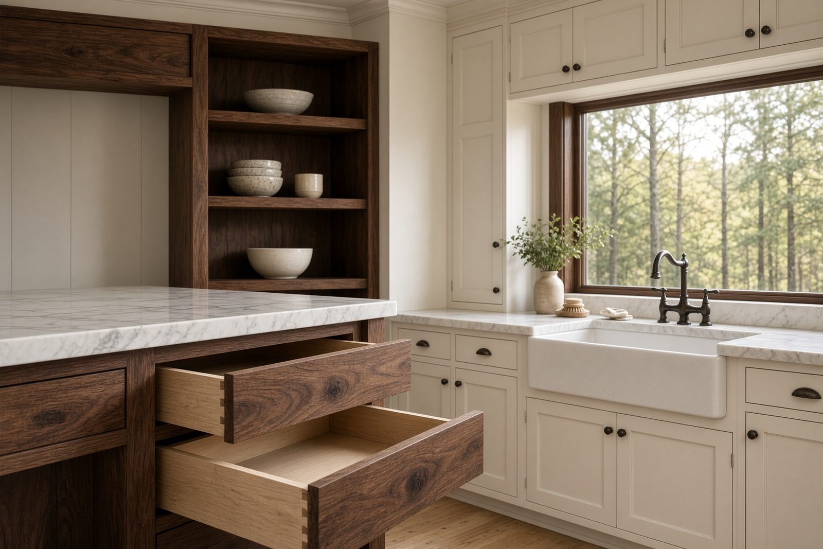 Cream cabinets, walnut island, and a farmhouse sink