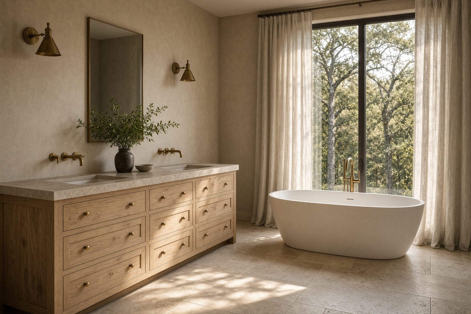 Oak bathroom vanity and a soaking tub