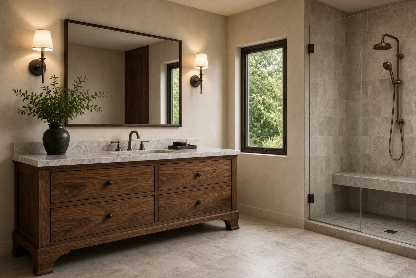 Walnut vanity and a stone shower
