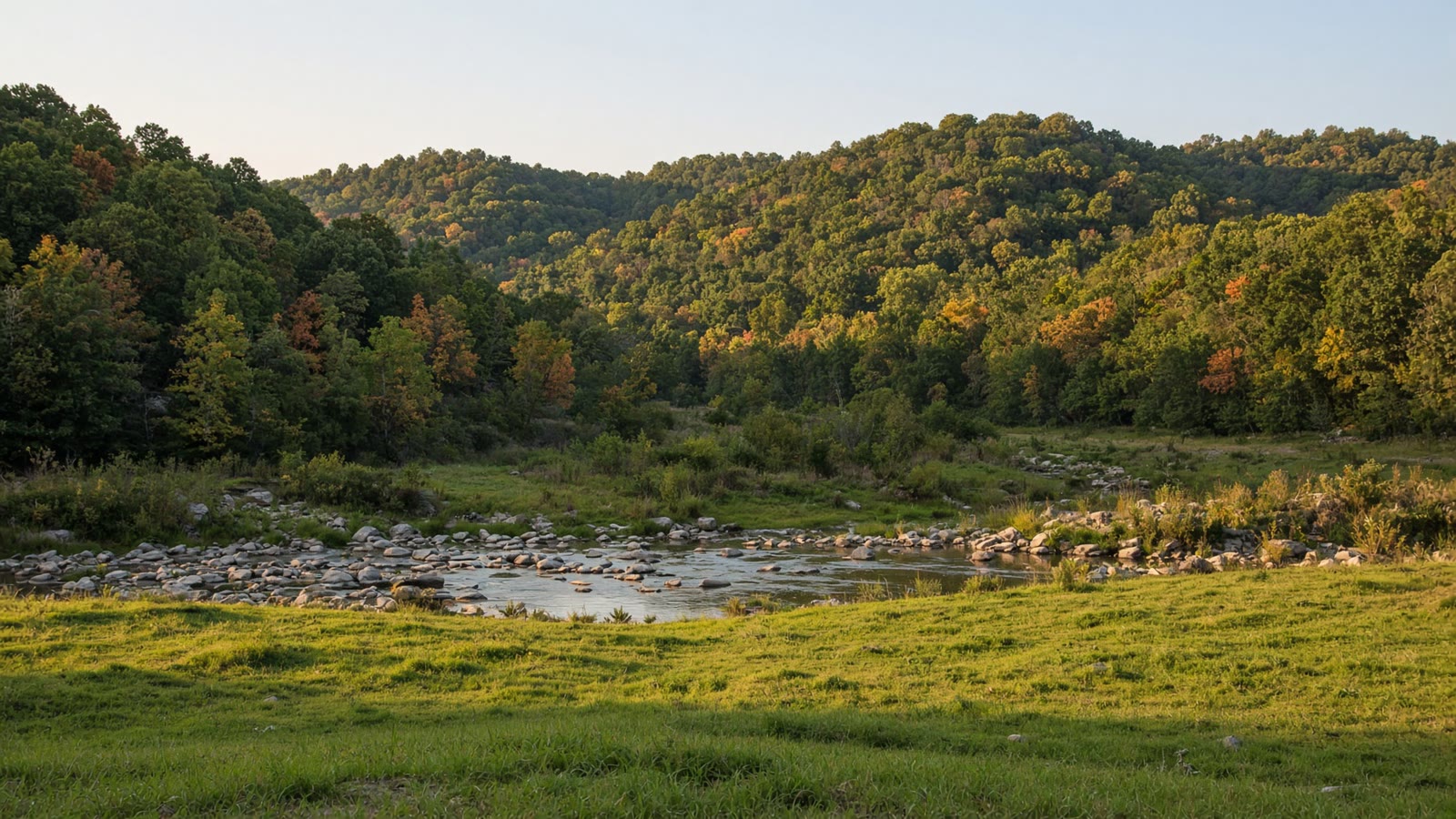 Illustrated Ozarks creek, pasture, and wooded hills